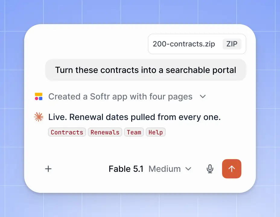 AI chat turning a zip of 200 contracts into a live four-page Softr portal, with renewal dates pulled from every contract.