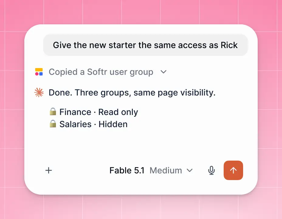 AI chat copying a Softr user group so a new starter gets the same access, with Finance set to read only and Salaries hidden.