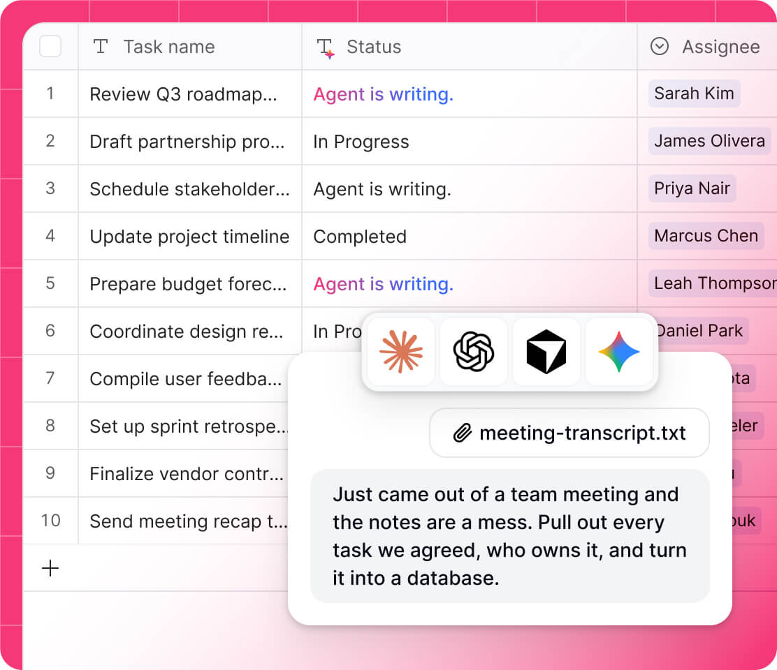 A Softr task database where an AI agent turns a meeting transcript into task rows with owners and statuses.