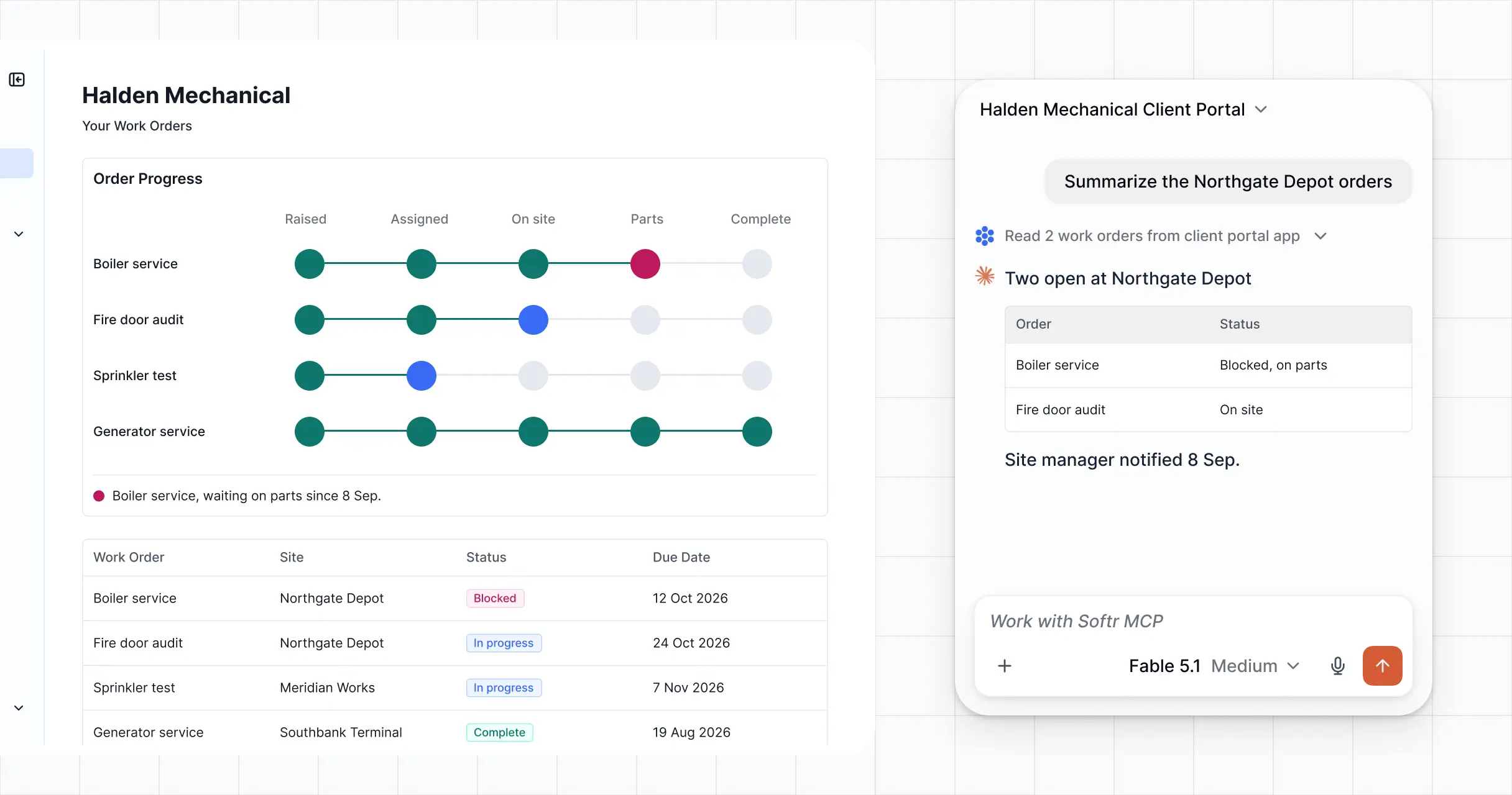 A Softr client portal of work orders next to an AI chat summarising the two open orders at Northgate Depot.