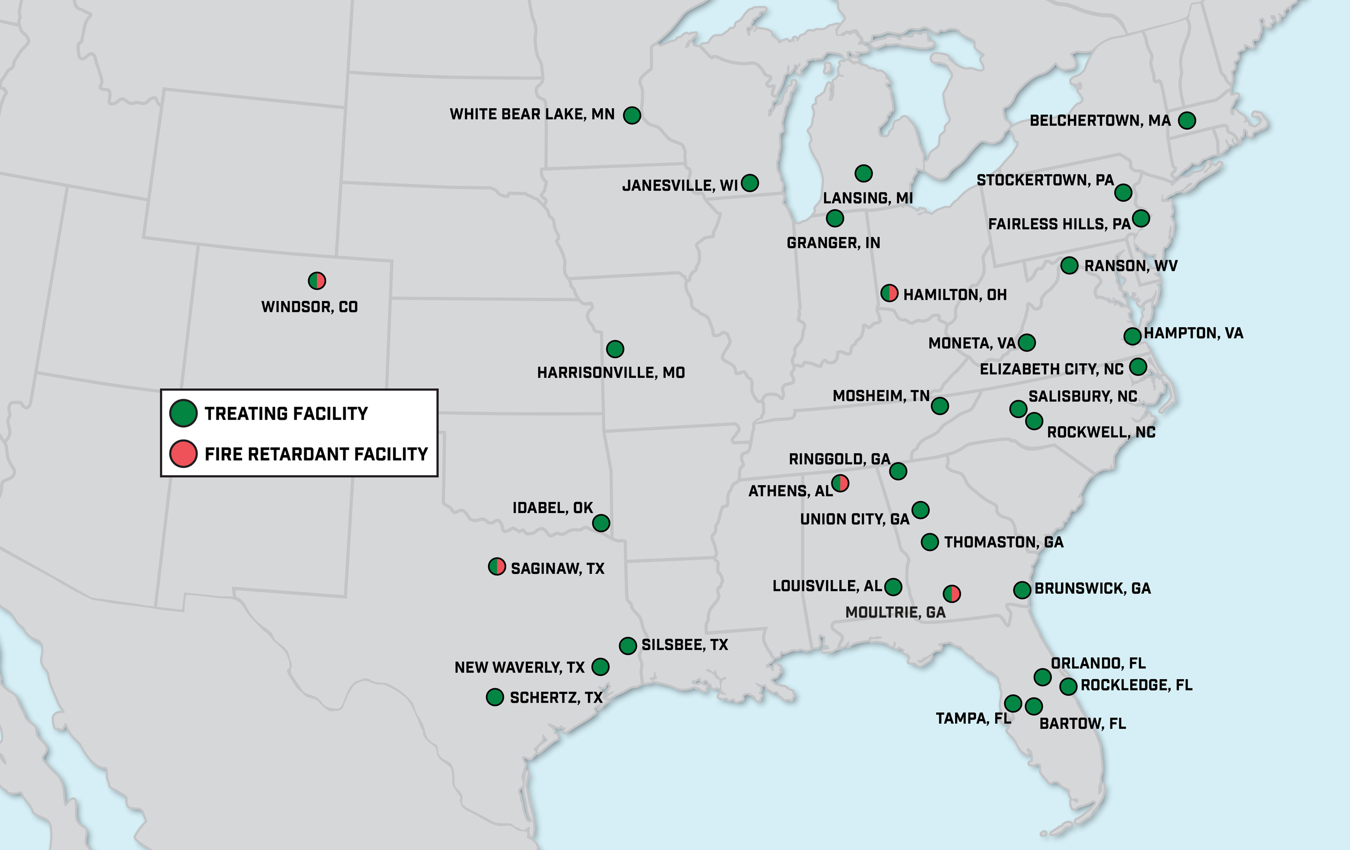 A map of the united states with green dots on cities with treating facilities and red dots on cities with fire retardant facilities.