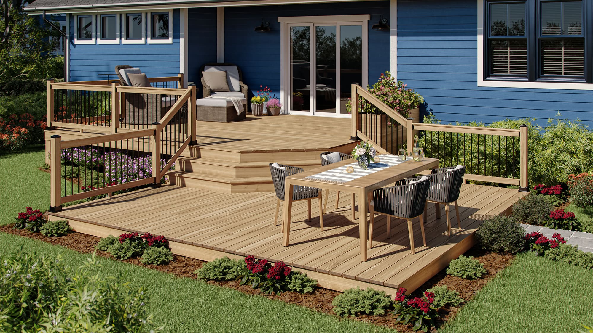 A two level deck attached to a house made out of pressure treated lumber.