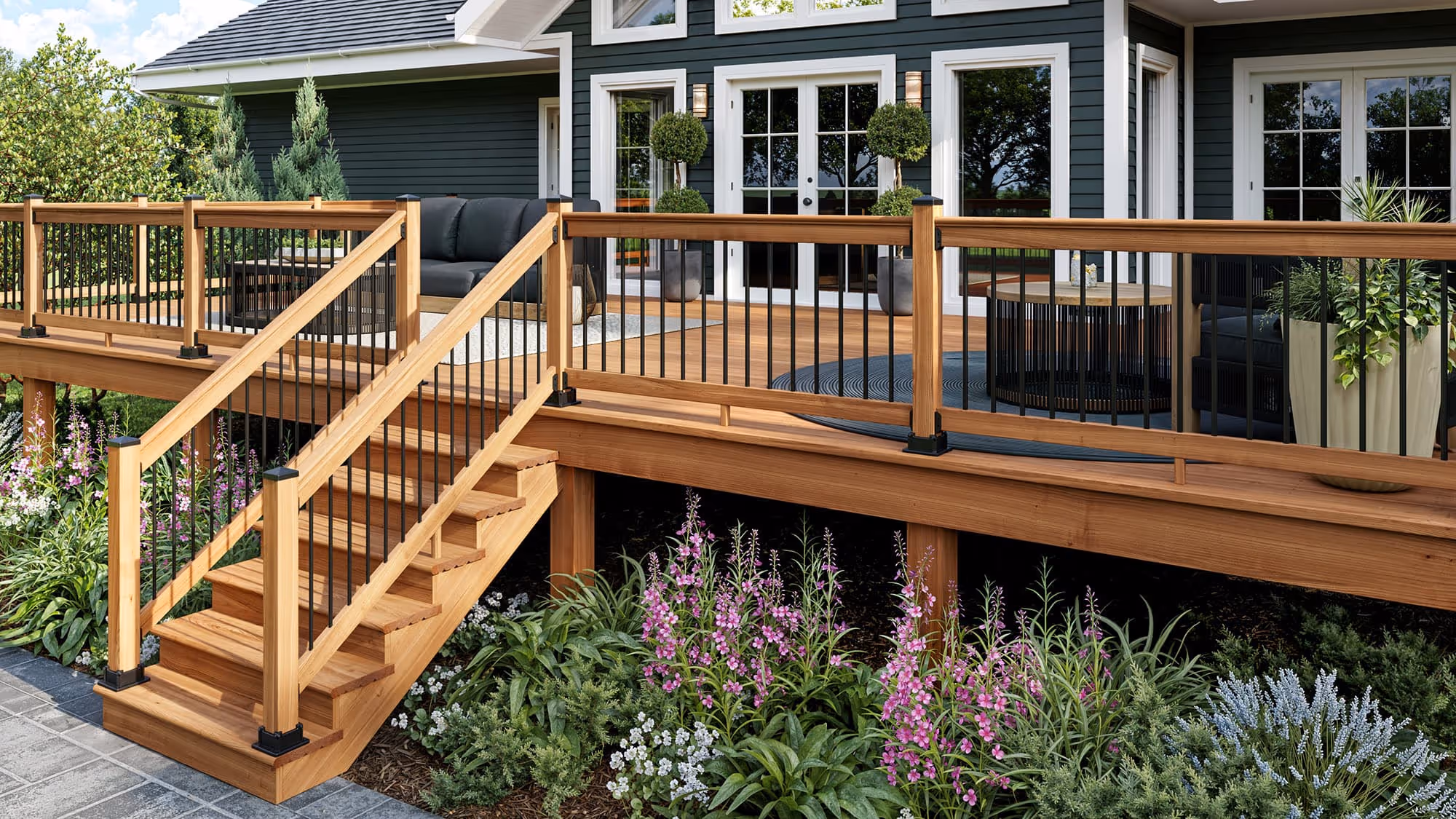 A house with a color treated deck complete with railing and stairs.