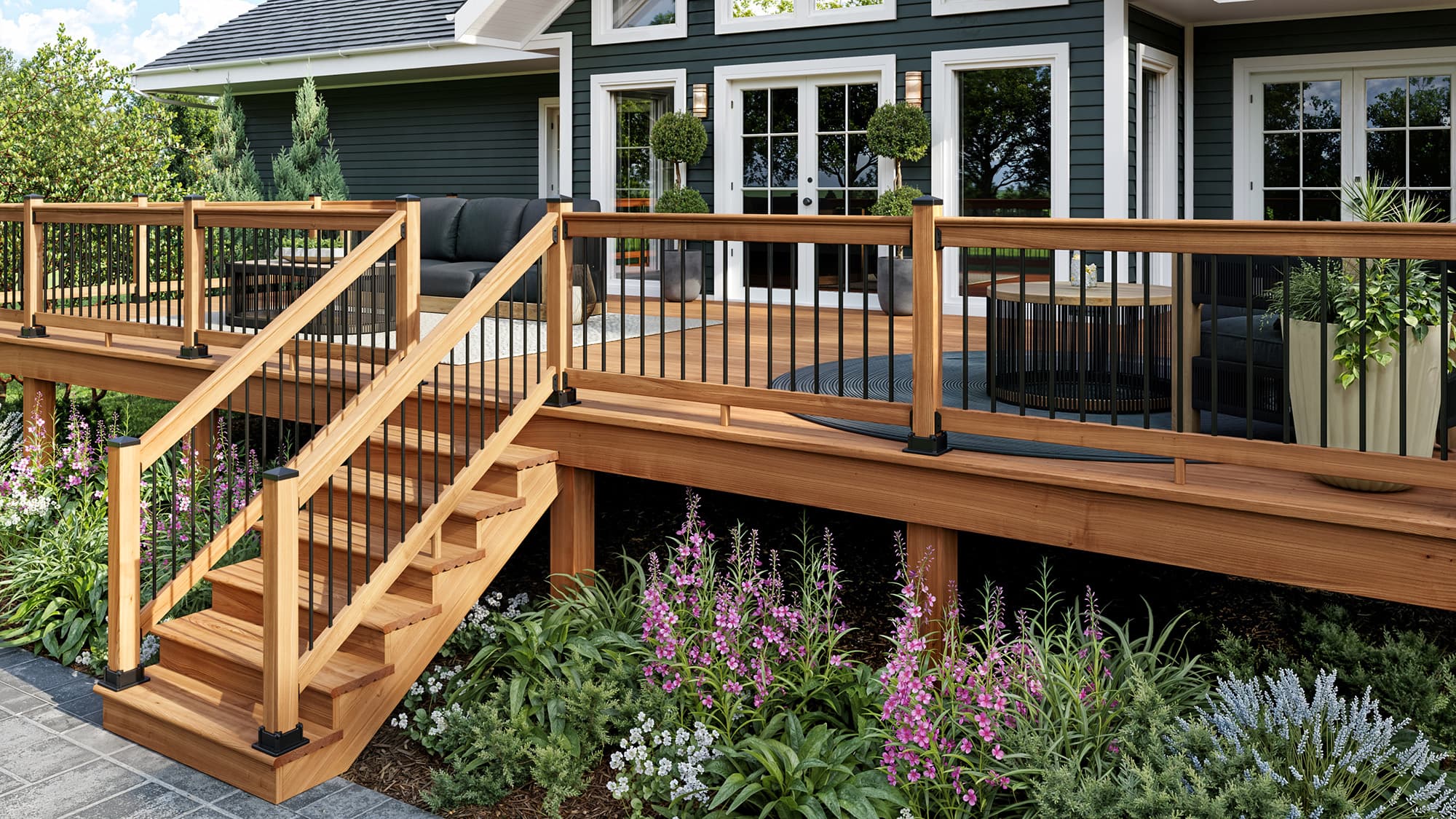 A house with a color treated deck complete with railing and stairs.