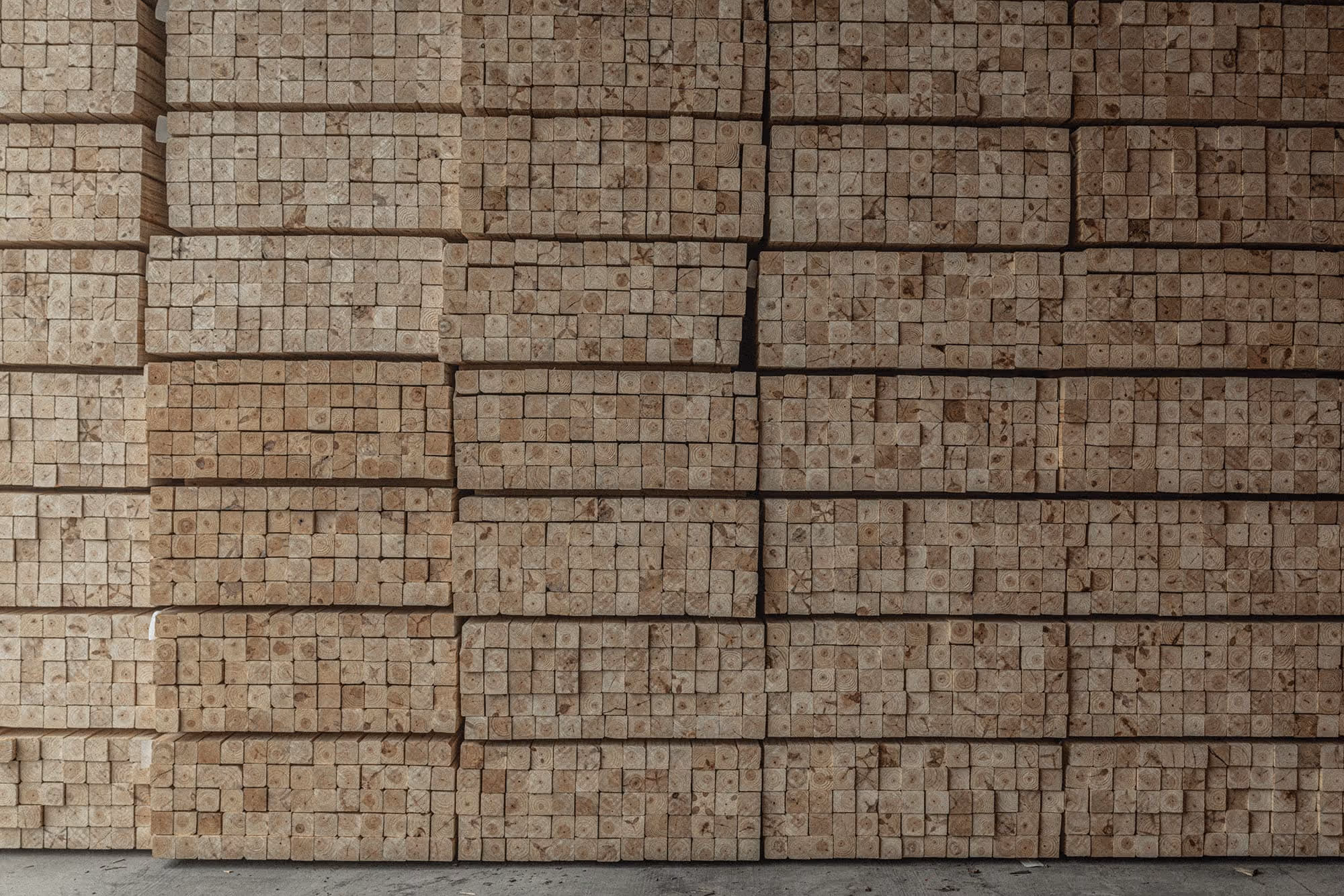 A wall of stacked pressure treated 2x4s.