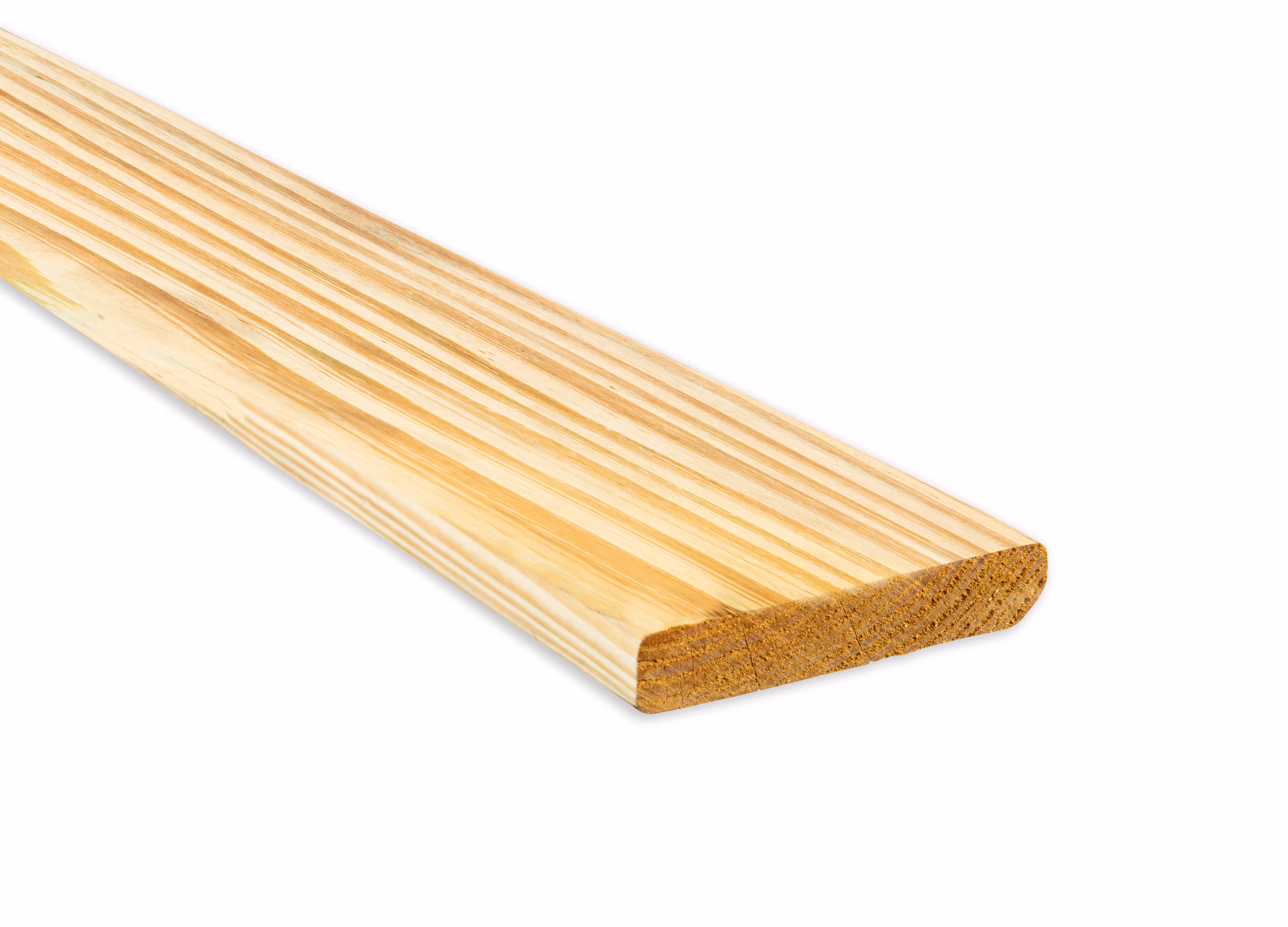 A studio shot of a premium decking treated lumber board on a white background.