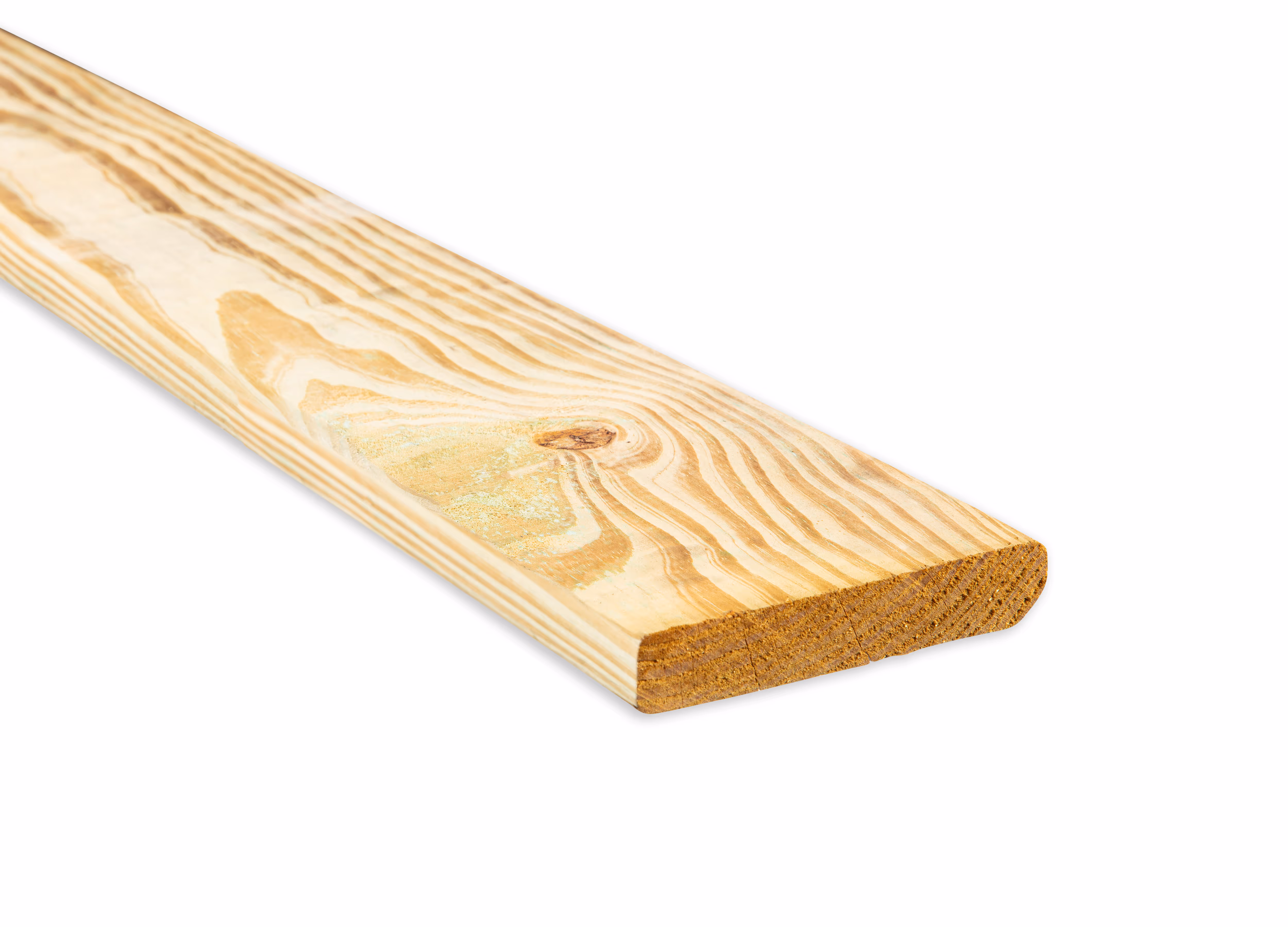 A studio shot of a standard decking treated lumber board on a white background