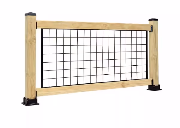 Wooden frame railing panel with black metal wire grid in between and black mounting brackets on posts.