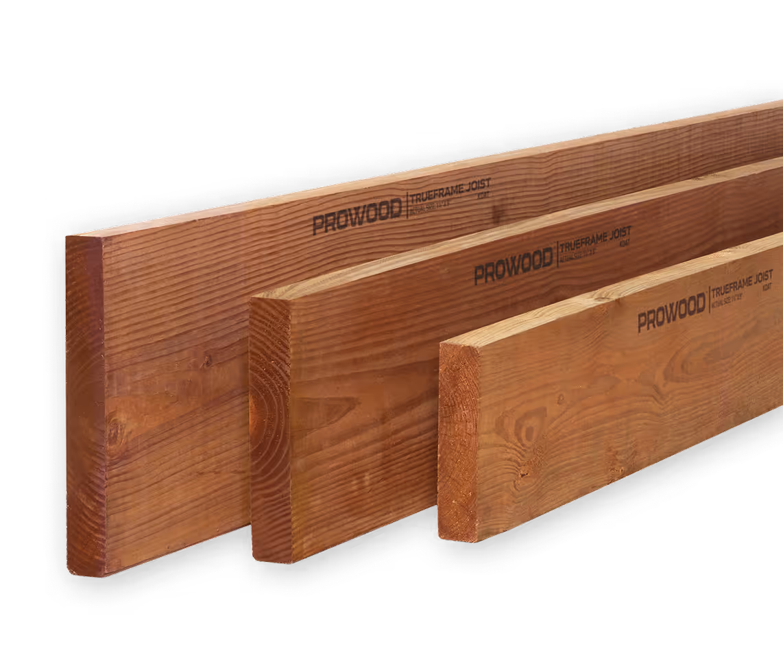 Three wooden Prowood Trueframe joists of different thicknesses stacked parallel on a white background.