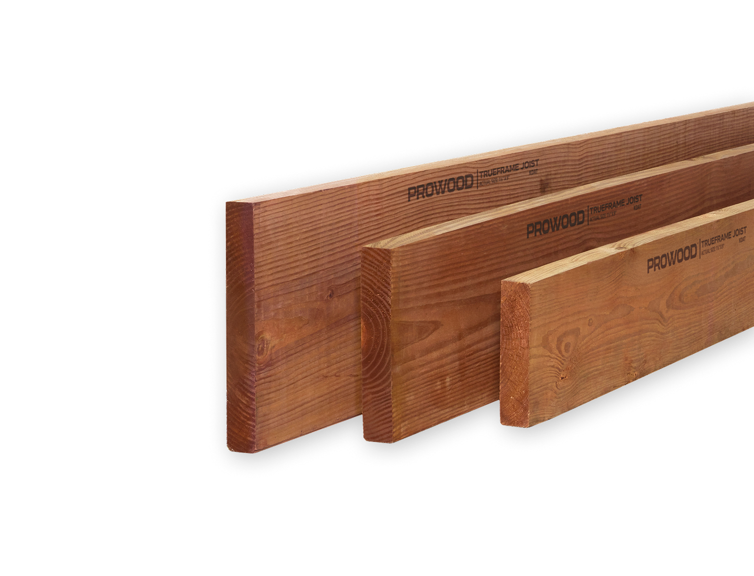 Three wooden PROWOOD TrueFrame joists of varying thicknesses arranged side by side.