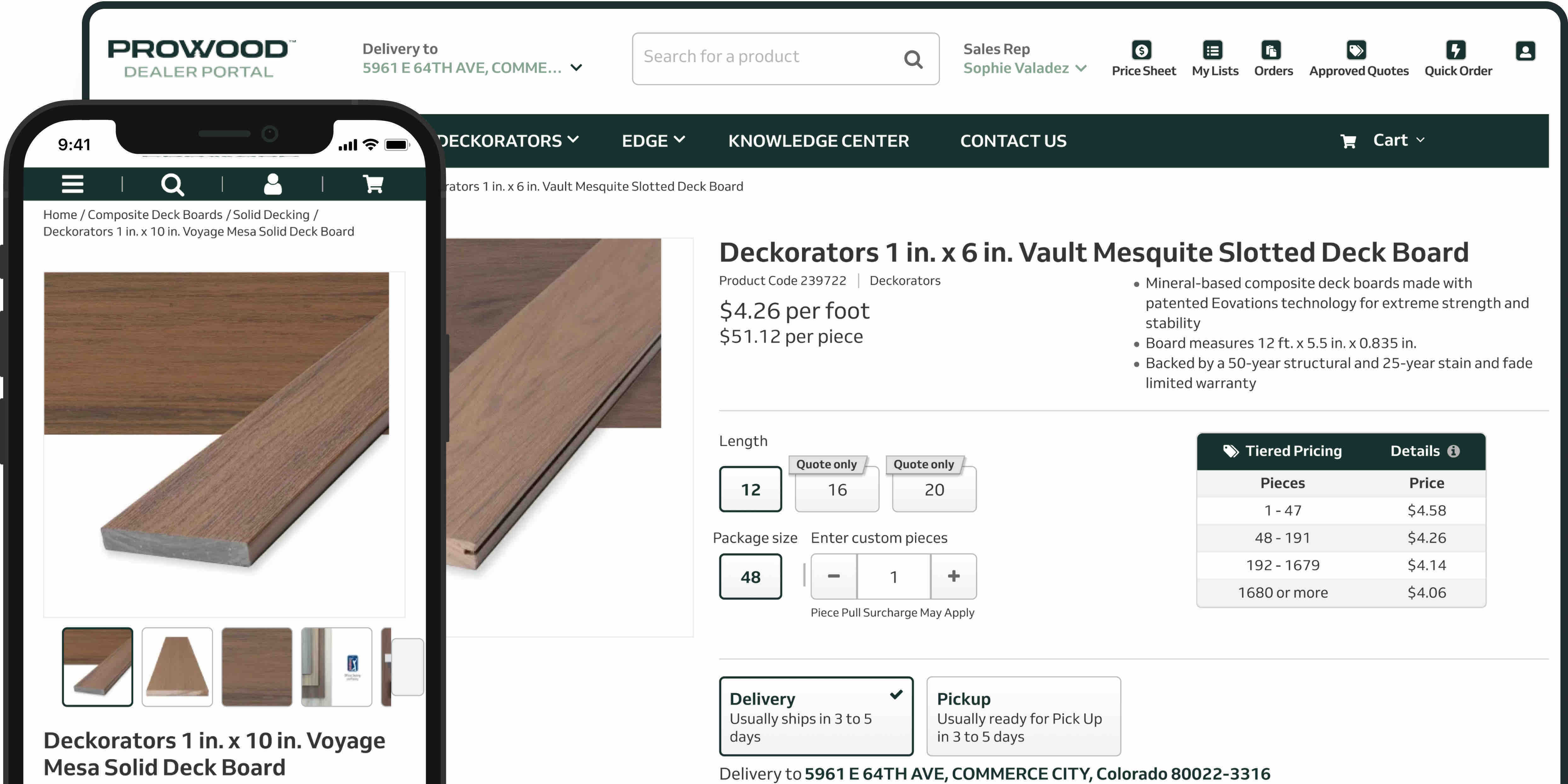 Split-screen showing PROWOOD dealer portal on desktop and mobile, featuring composite deck board product details and pricing.