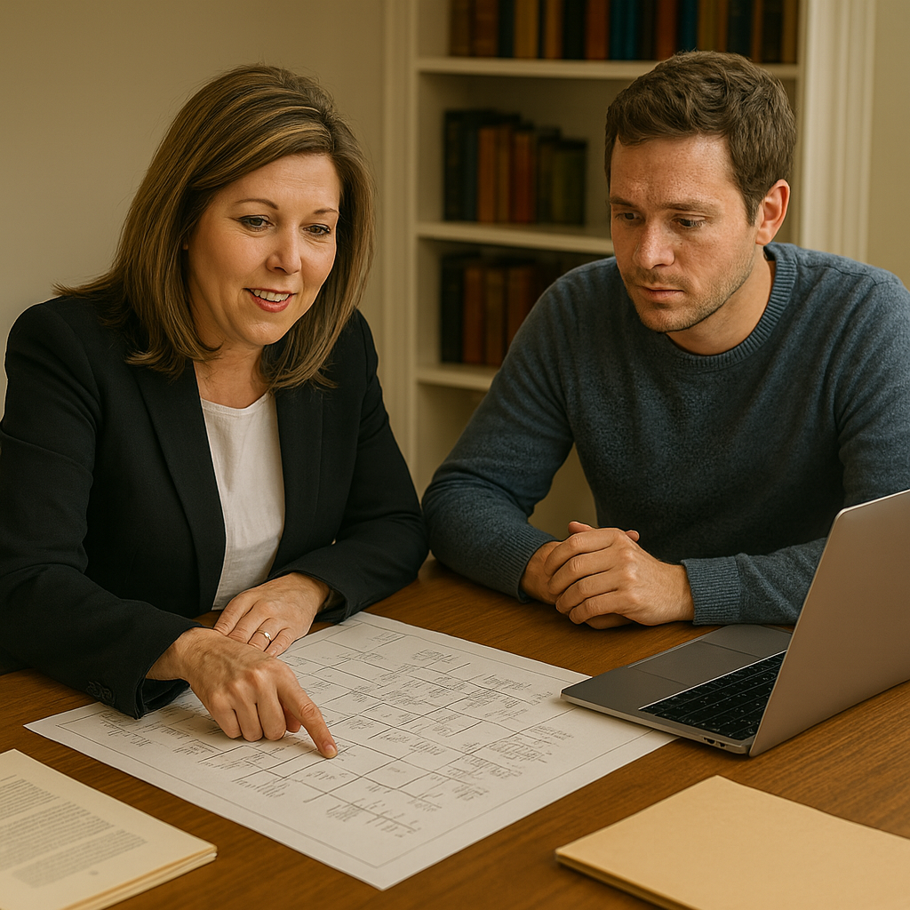 Professional genealogist reviewing family history information and documents with a client while seated at a table.