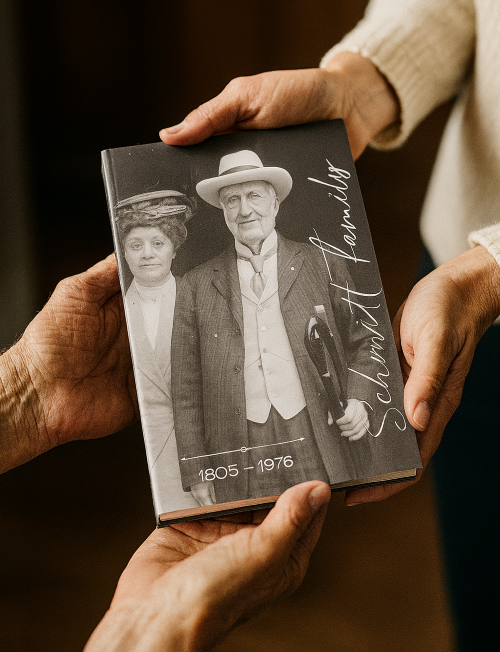 A hardback family history book being passed from one person's hands to another.