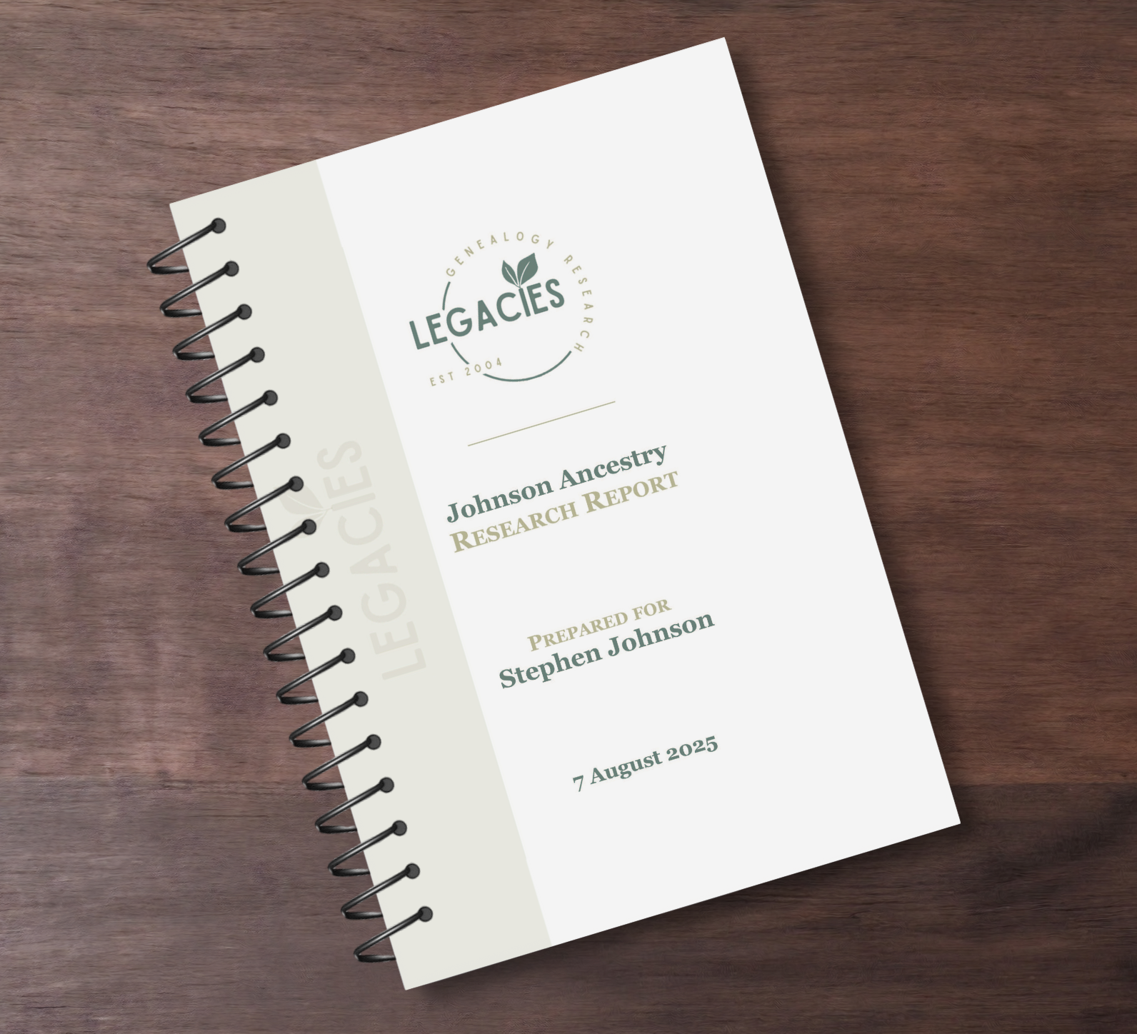 bound genealogy research report laying on a desktop