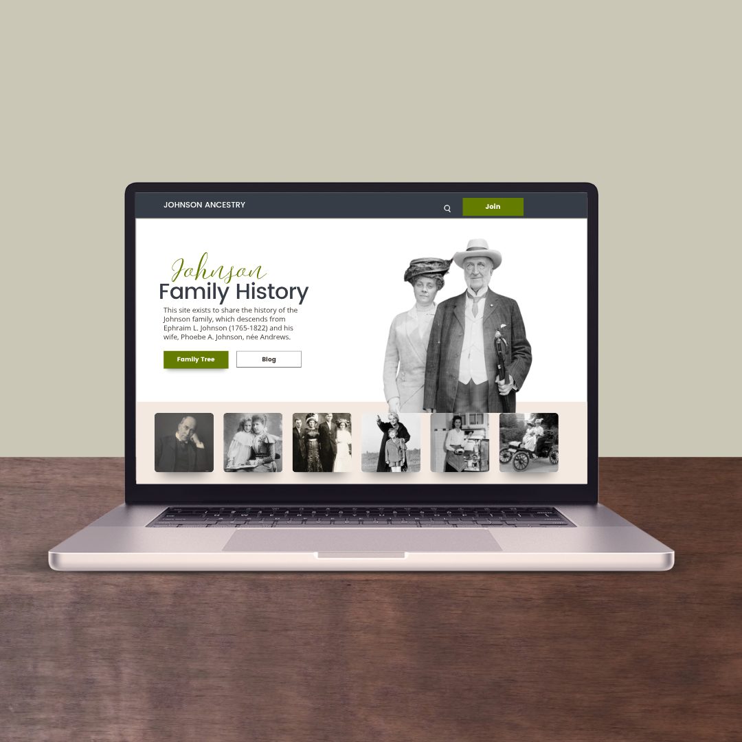 Laptop computer with family history website shown.