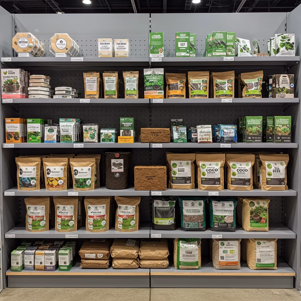 B2B display rack showcasing tailored coco coir substrate packages, including sustainable grow bags, disks, and blocks, designed for greenhouse cultivation and professional horticulture needs.