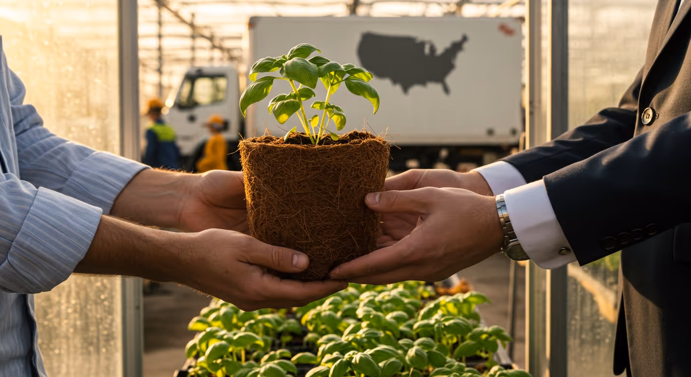 Executive delivering a coco coir-grown plant to a farmer, representing business support and eco-friendly farming solutions.