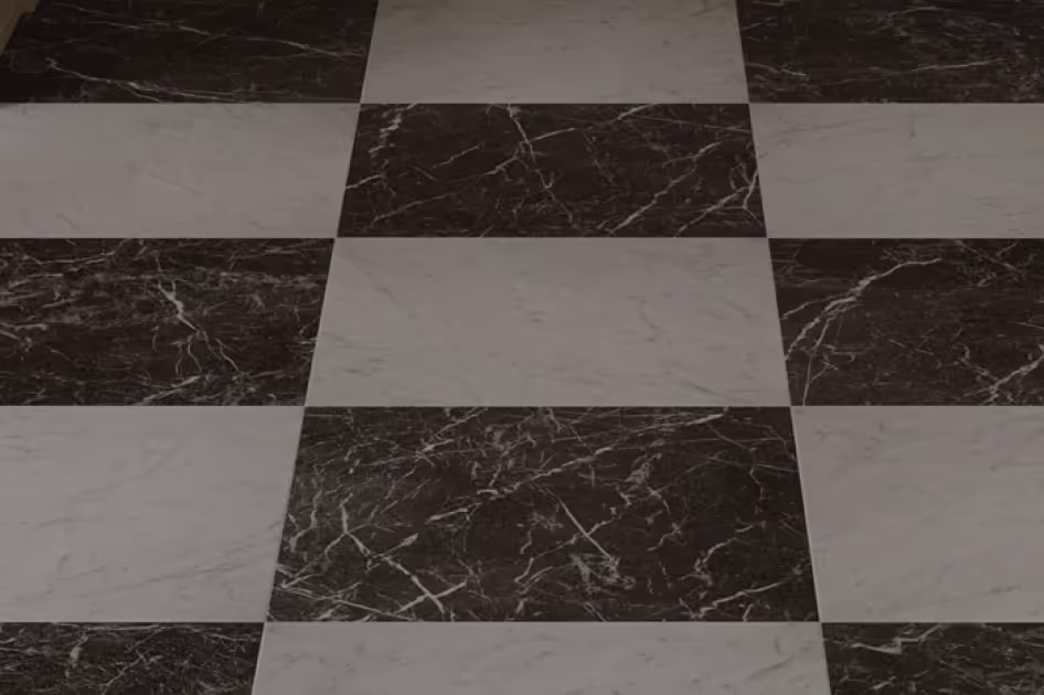 Black and white marble-look floor tiles laid in a checkerboard pattern