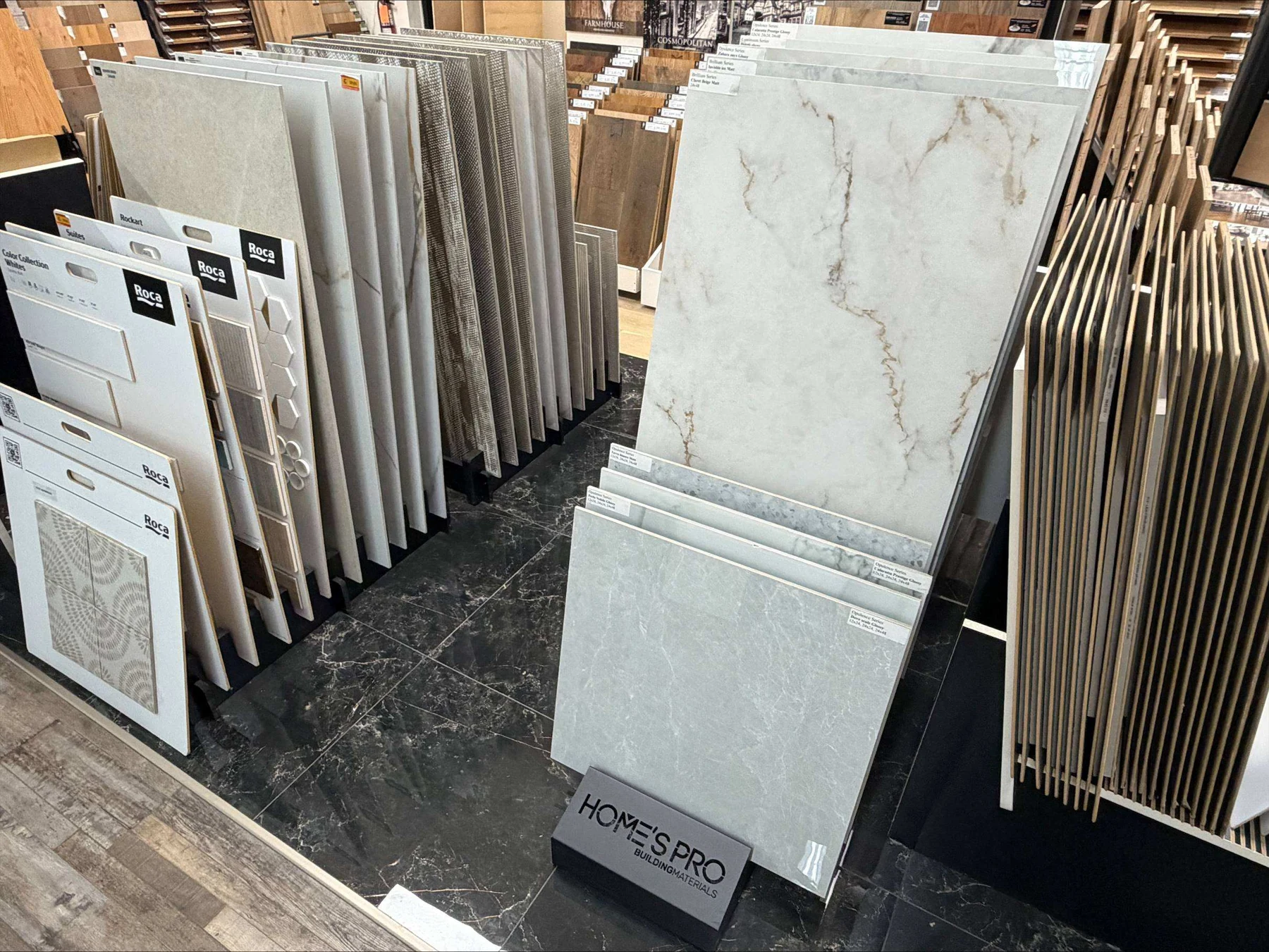 Large-format tile displays in the Master Flooring Cambridge showroom