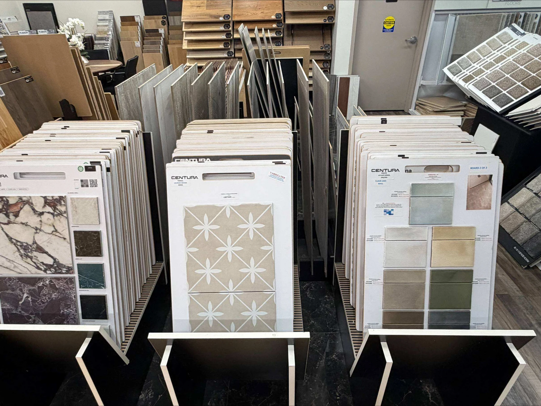 Decorative tile and mosaic samples in the Master Flooring showroom