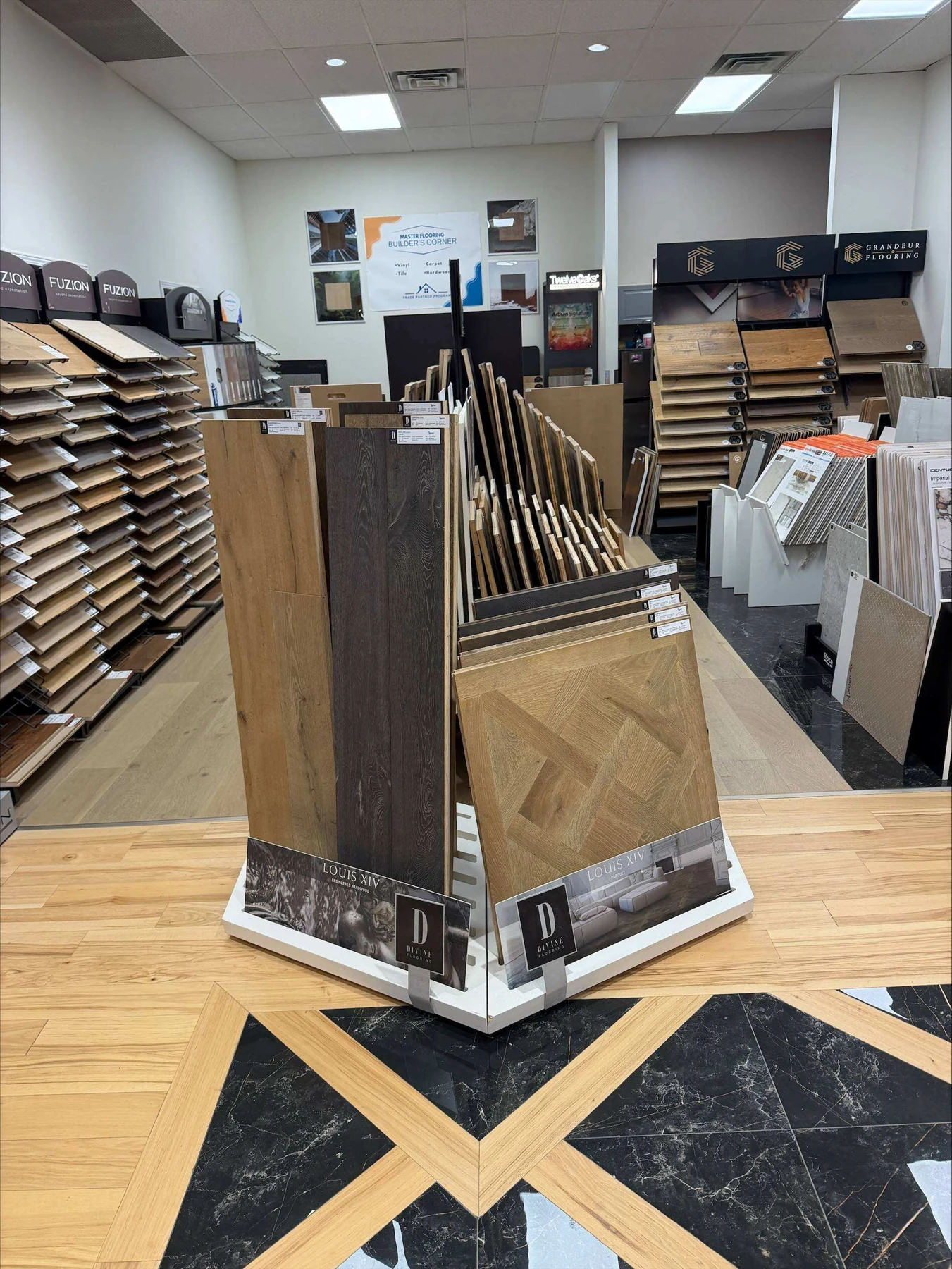 Flooring sample displays inside Master Flooring in Cambridge