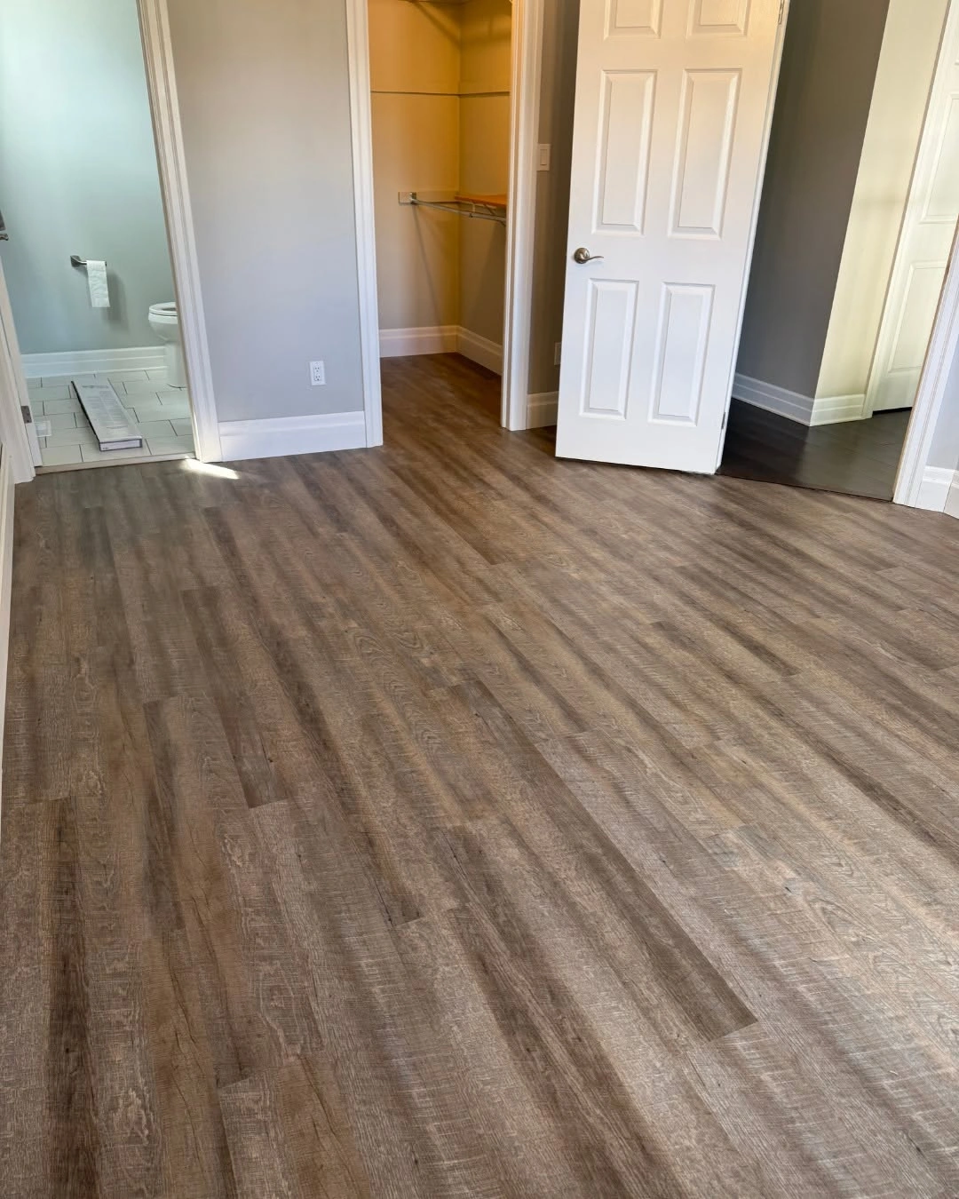 Wood-look flooring continuing through a bedroom doorway and closet