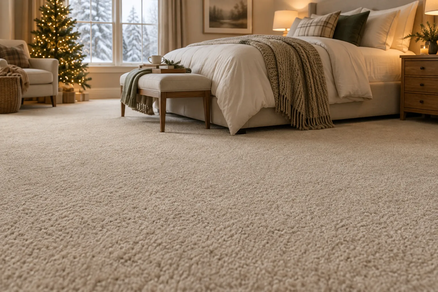 Cozy carpet bedroom inspiration with warm lighting and a Christmas tree