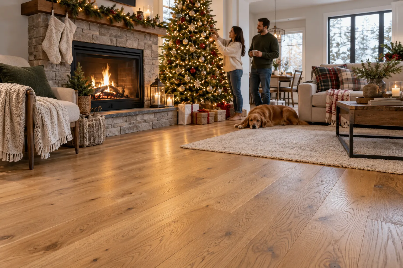 Holiday living-room inspiration with oak flooring, a fireplace and a Christmas tree
