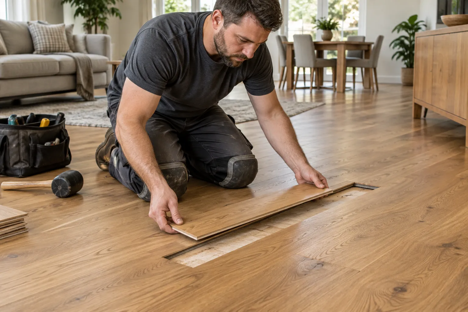 Illustration of a flooring service technician replacing an oak floorboard