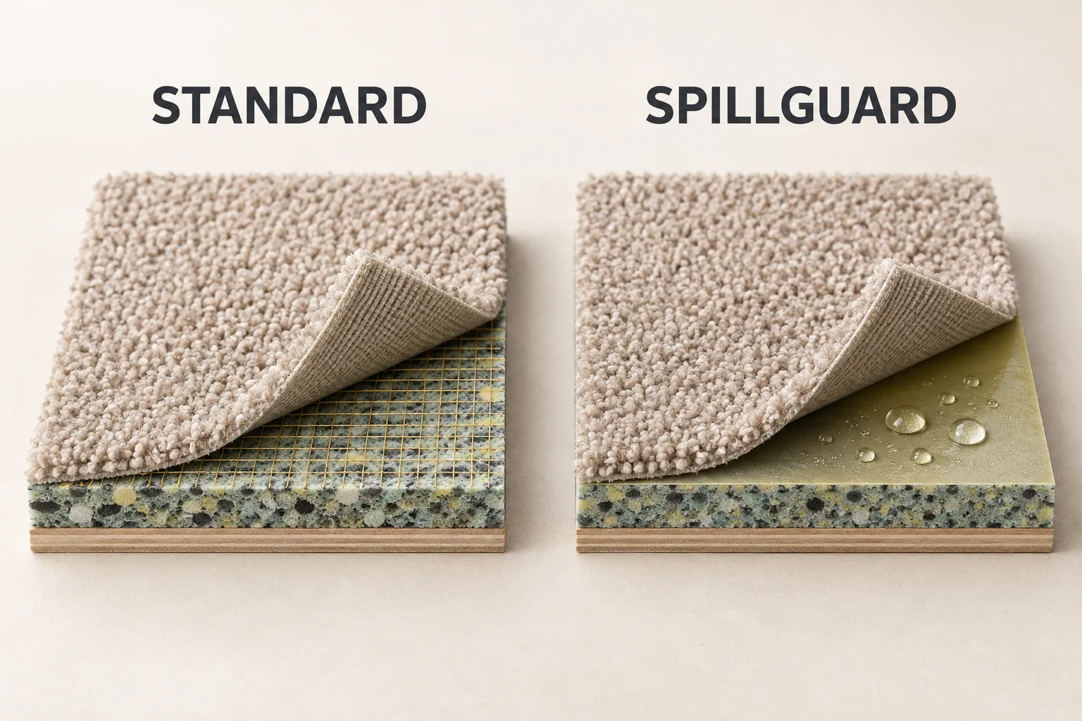 Carpet cutaway illustration showing standard cushion beside the Spillguard protective surface