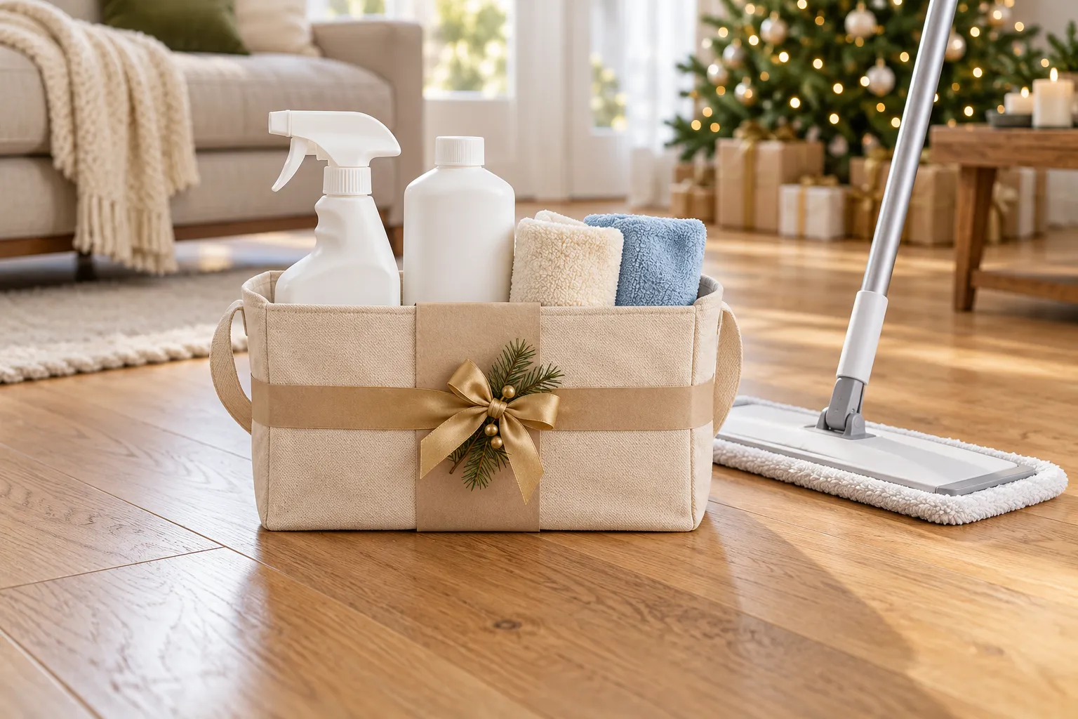 Illustrative holiday floor-care gift kit with cleaner, microfiber cloths and a flat mop