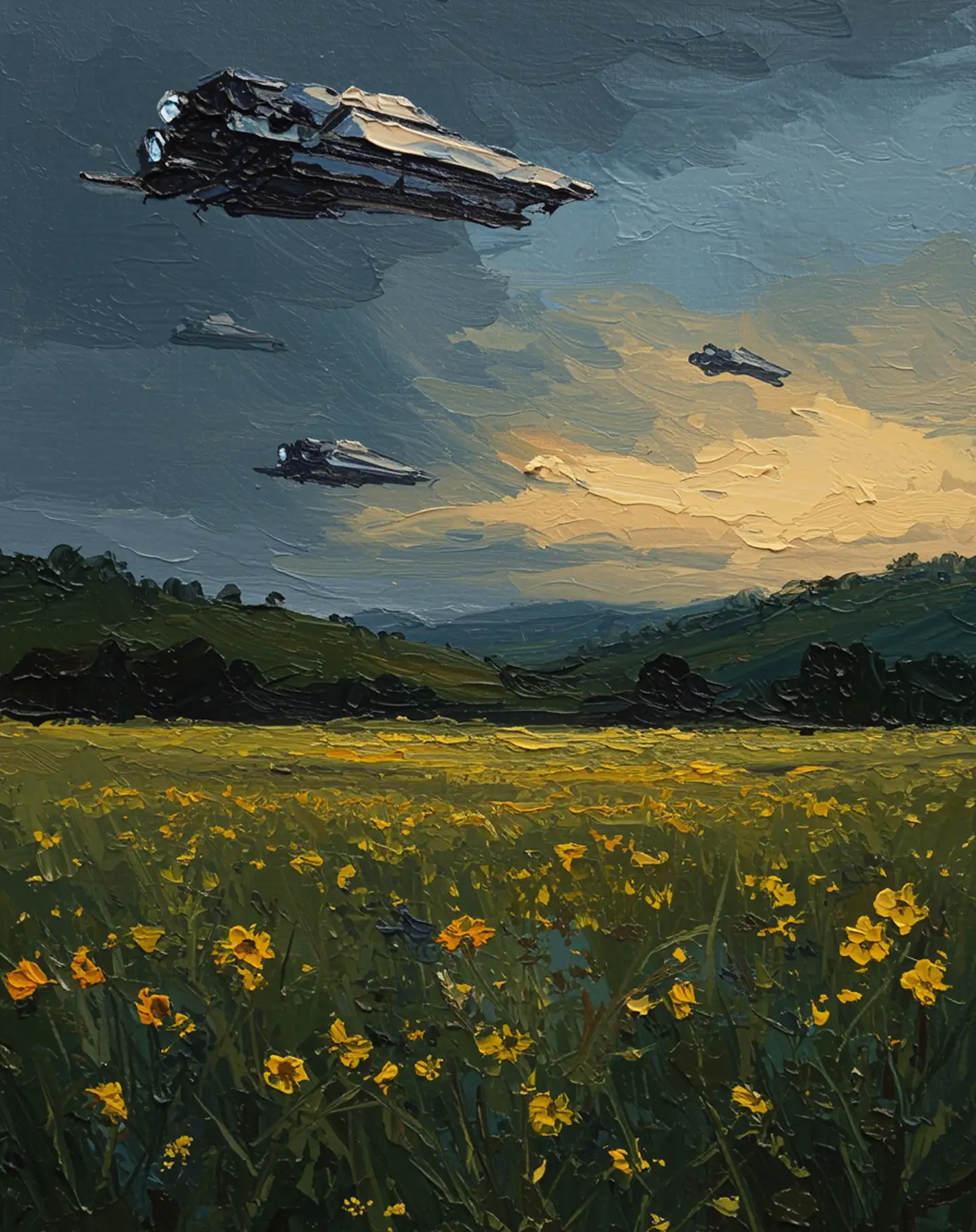 Impressionist painting of a yellow flower field under a cloudy sky with futuristic spacecraft flying above.