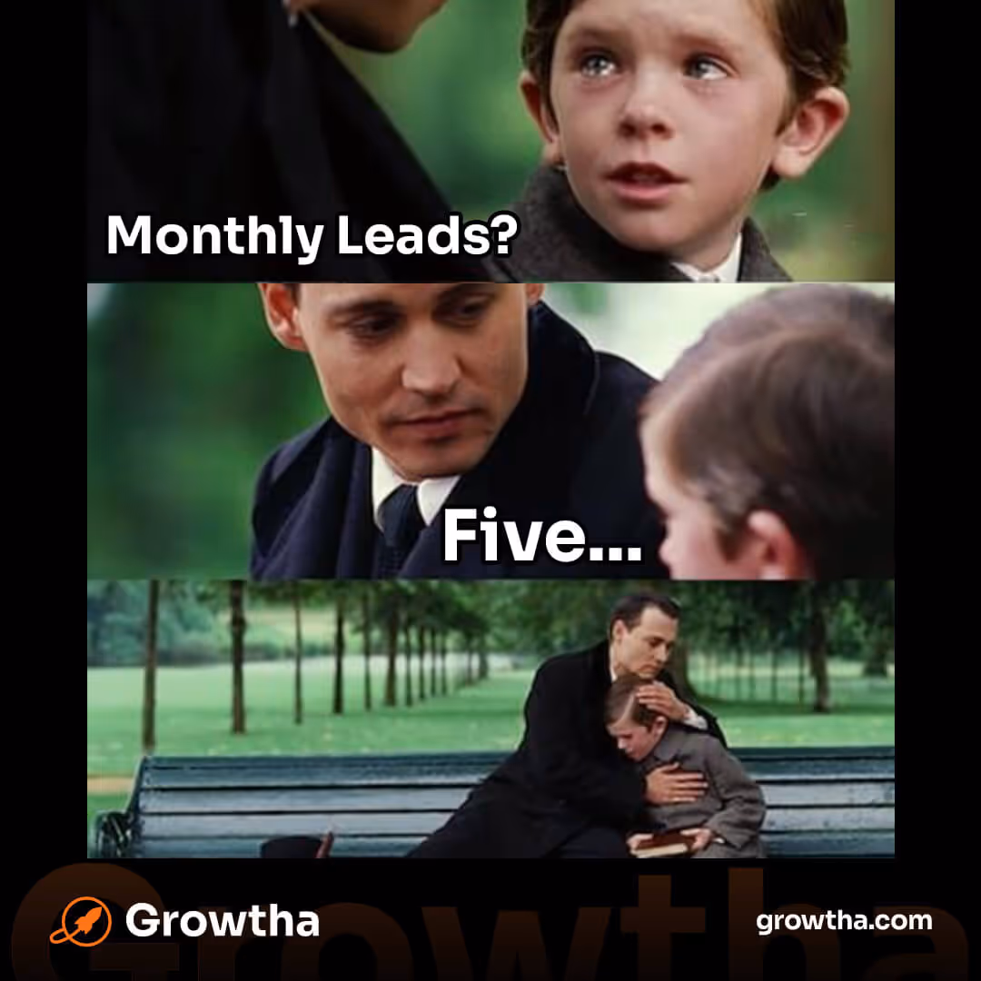 Three-panel meme: “Monthly leads?” “Five” — consoling hug; low lead volume.