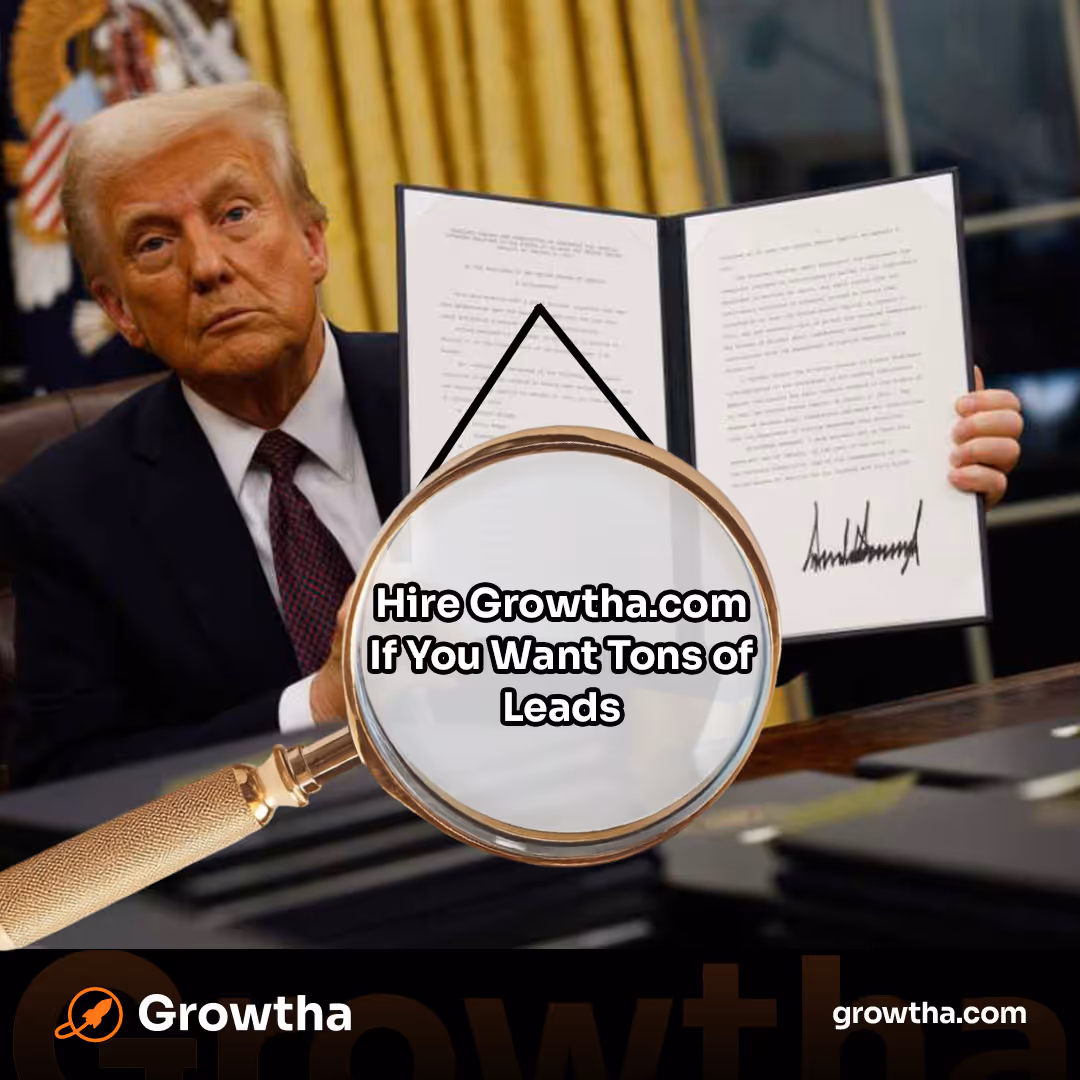 Marketing meme: magnified document reads “Hire Growtha.com for leads.”