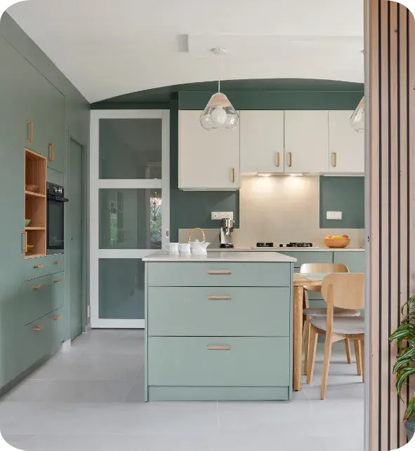 La cuisine vert eucalyptus de Patrick et Odile