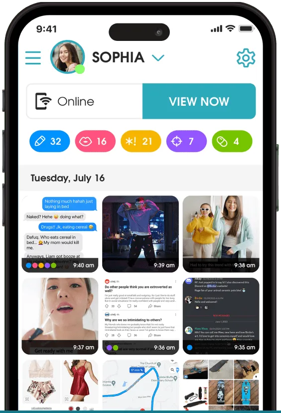OurPact View single screen showing Tuesday July 16 screenshot feed with 32 custom, 16 sexual content, 21 profanity, 7 violence, and 4 substance abuse flagged items, with concerning messages and mixed content visible in grid