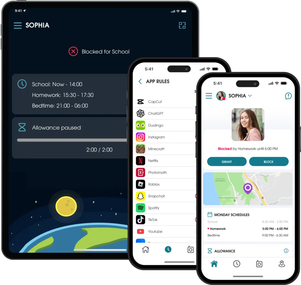 OurPact parent dashboard and OurPact Jr. shown on iPhone and iPad screens