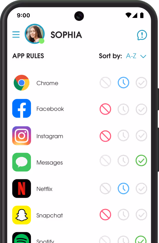 Parent's OurPact App Rule Dashboard. Block, Allow, or Schedule specific apps.