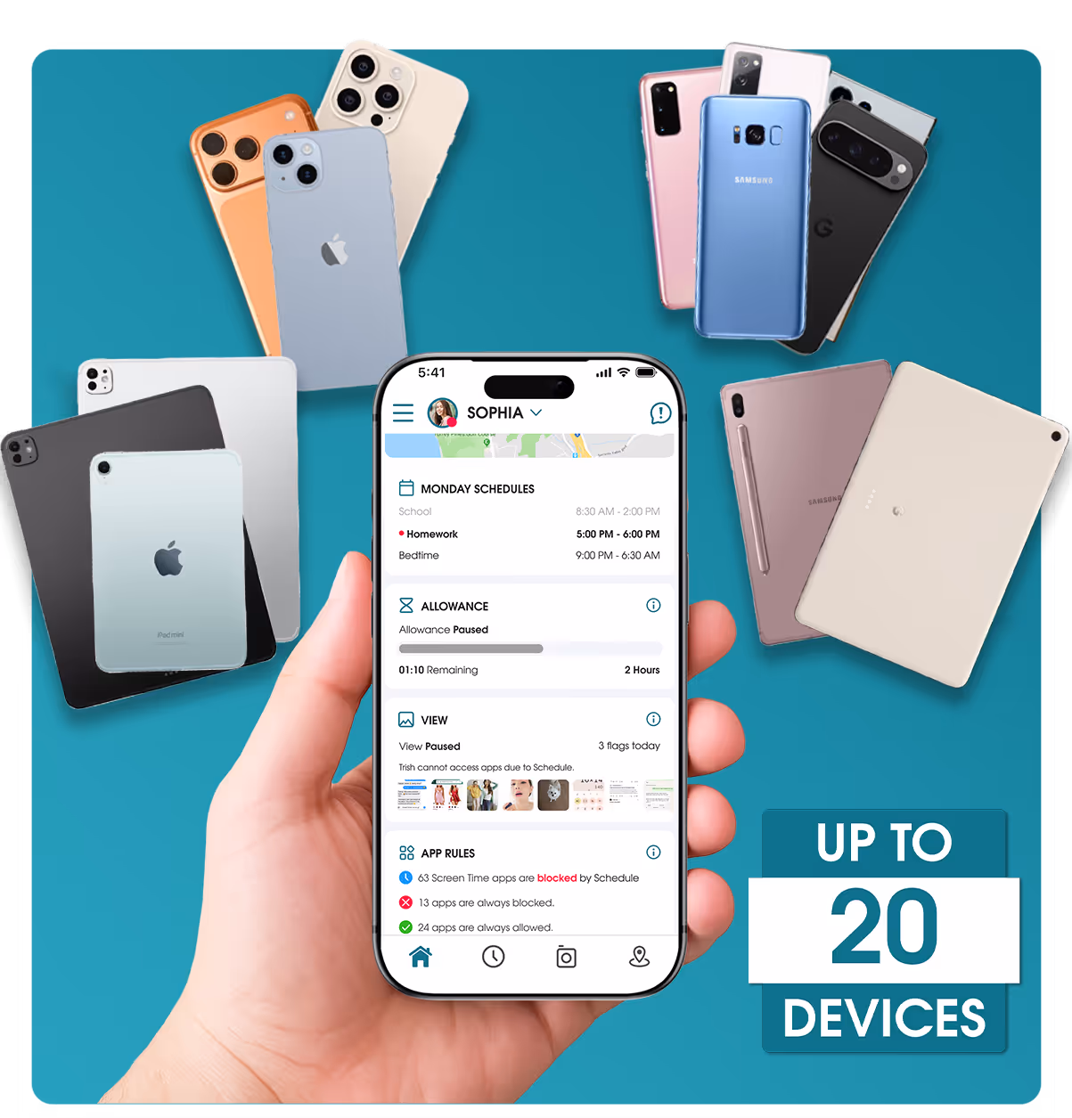 Mange up to 20 iOS and Android devices with OurPact. 