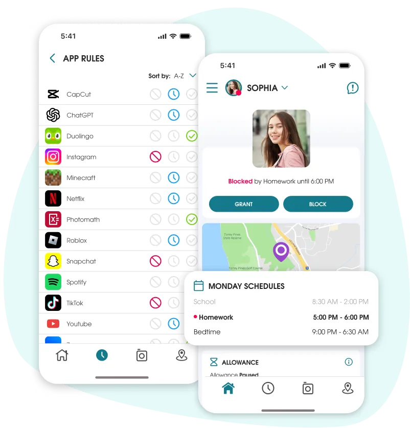 OurPact parent app dashboard featuring app blocking controls for TikTok, Instagram, and Snapchat, customizable daily schedules, and real-time child location tracking.