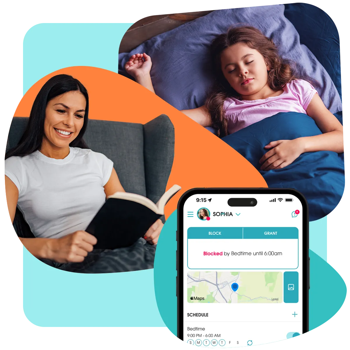 OurPact bedtime schedule blocking a device with the child's location shown on a map.