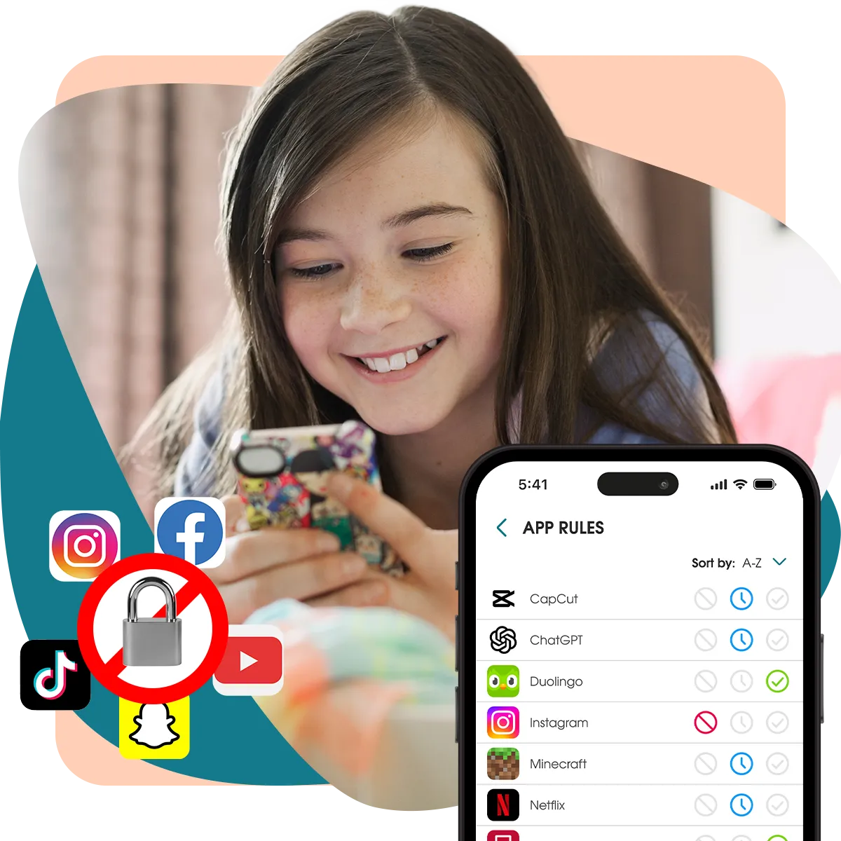 OurPact App Rules dashboard showing blocked social media apps including TikTok, Instagram and Snapchat.