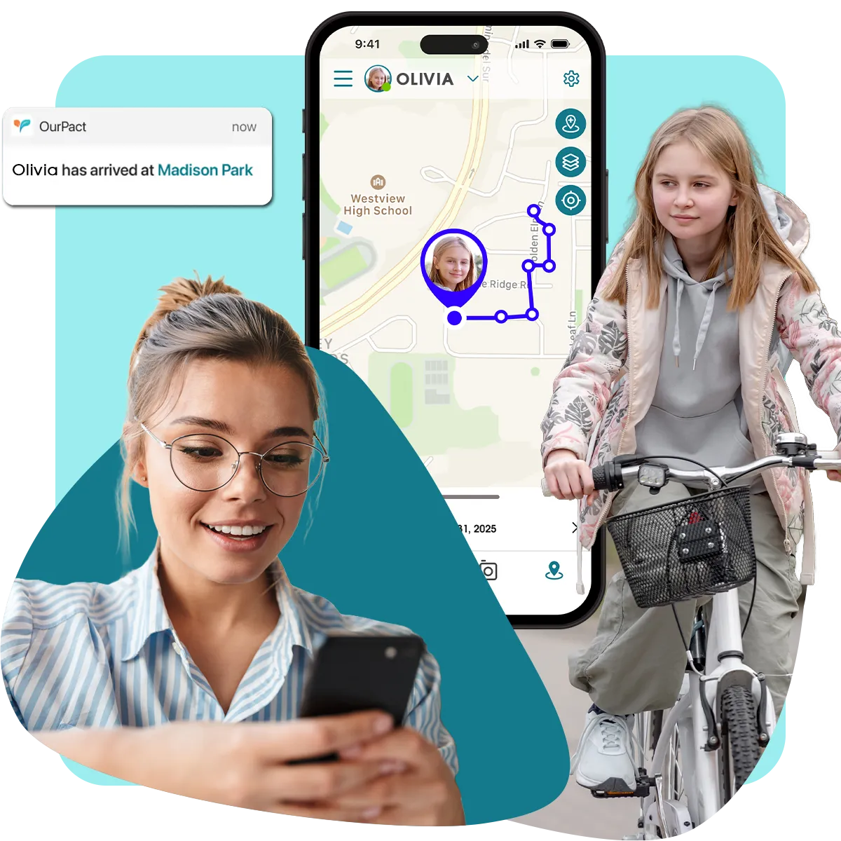 Parent using OurPact family location sharing to see her daughter arrive safely at Madison Park on a live map.