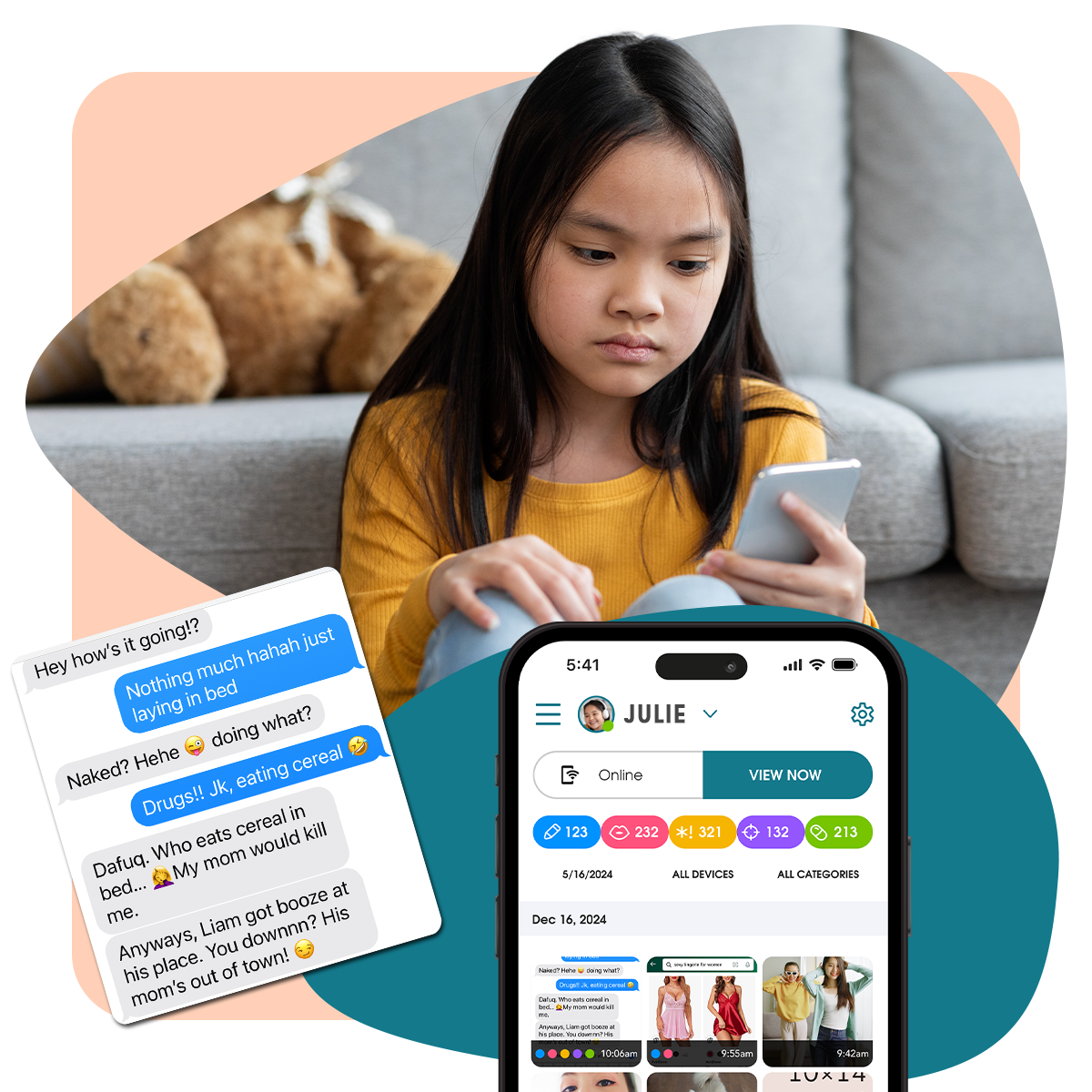 OurPact on-demand screenshots surfacing risky messages on a child's phone so parents can step in.