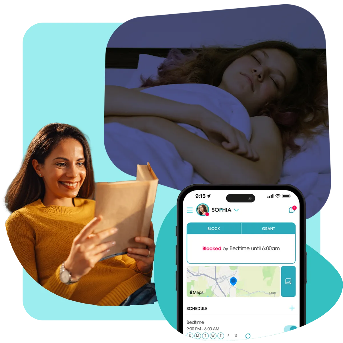 OurPact Bedtime screen time schedule blocking a child's device until 6:00am while she sleeps.