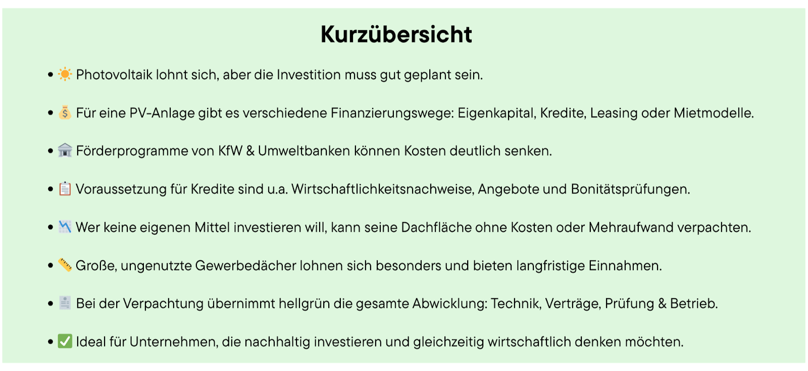 Kurzübersicht über die Themen des Blogs "PV-Anlage finanzieren oder Dachfläche verpachten? Das sind Ihre Möglichkeiten"