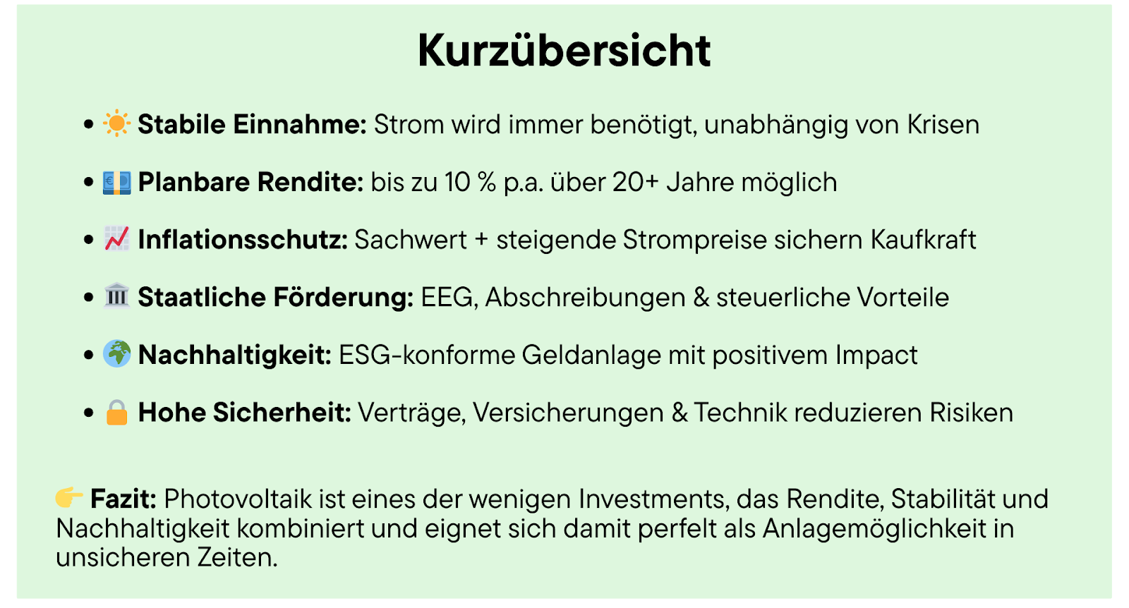 Kurzübersicht für die Inhalte des Blogs "Krisensicheres Photovoltaik Investment":Stabile EinnahmenPlanbare RenditeInflationsschutzStaatliche FörderungNachhaltigkeitHohe SicherheitFazit: Photovoltaik Investments kombinieren Rendite, Stabilität und Nachhaltigkeit.