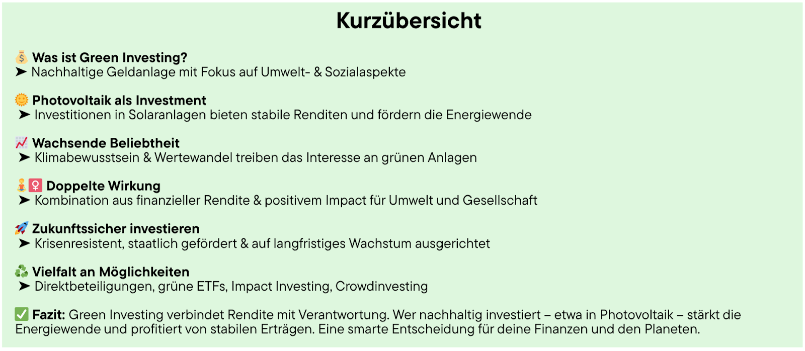 Kurzübersicht für den Blog "Warum green investing immer beliebter wird"