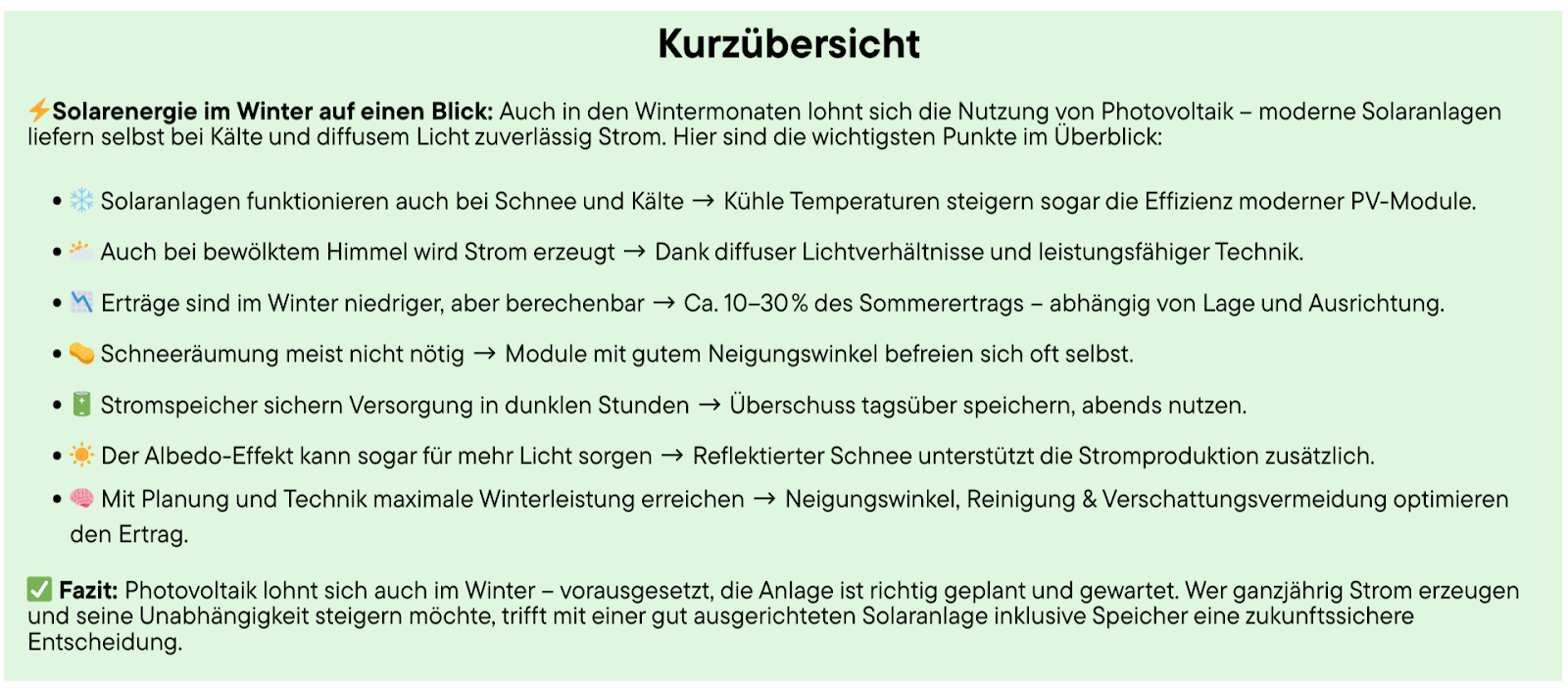 Inhaltsverzeichnis: Solarenergie im Winter auf einen Blick 