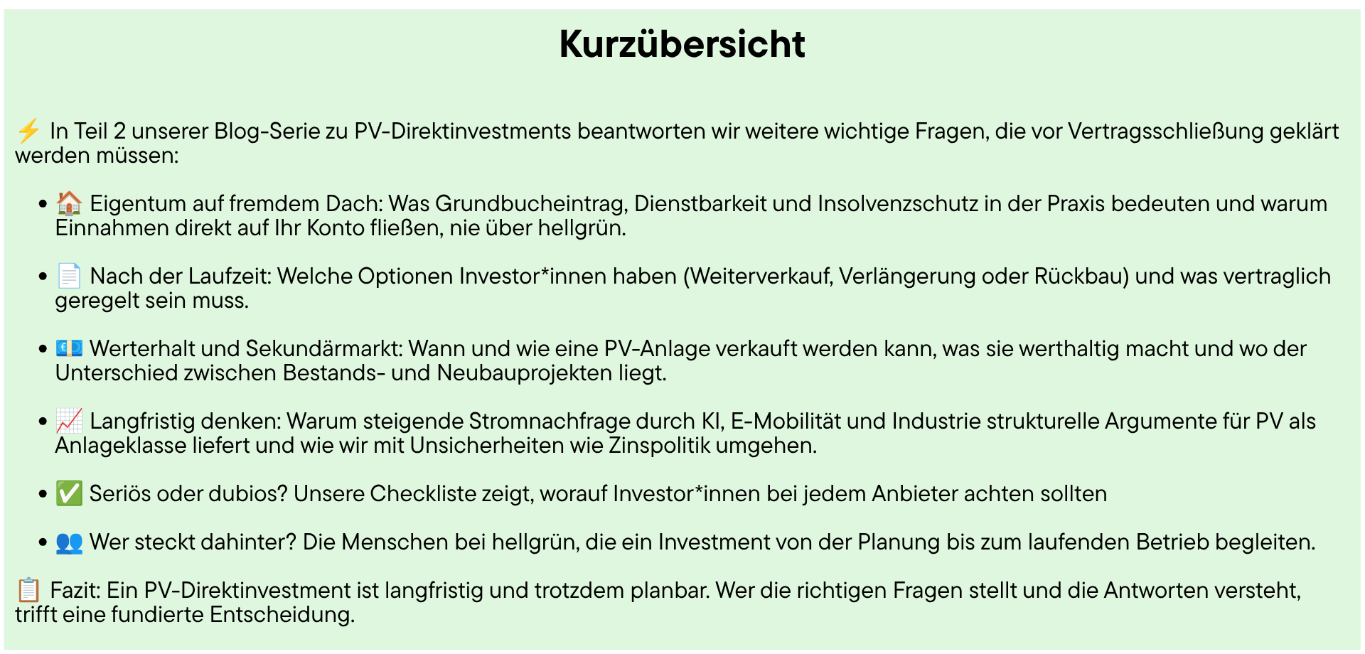 Kurzübersicht Blog Teil 2: PV-Direktinvestment – Eigentum, Vertragslaufzeit, Sekundärmarkt und langfristige Investmentsicherheit